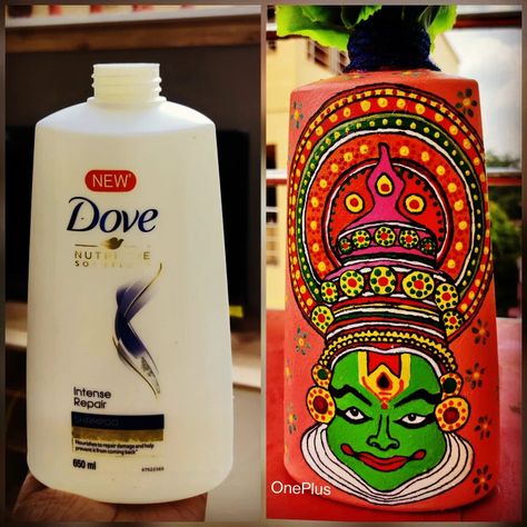 Kathakali face painting on bottle Shampoo Bottle Crafts, Shampoo Bottle Diy, Kathakali Face, Dove Shampoo, Recycling Plastic, Bottle Decoration, Shampoo Bottles, Diy Crafts Room, Crafts Room Decor