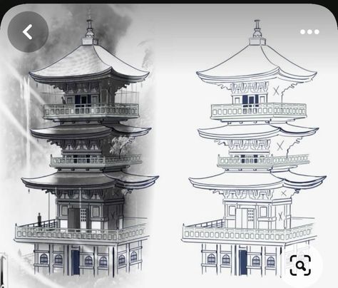 Vietnamese Temple Tattoo, Japanese Building Tattoo Design, Japanese Tower Tattoo Design, Japanese House Tattoo Design, Japanese Pagoda Tattoo Design, Pagoda Tattoo Stencil, Japan Temple Tattoo, Chinese Tower Tattoo, Chinese Building Tattoo