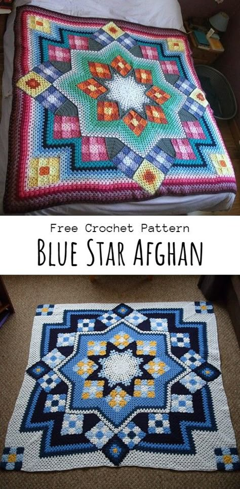 Crochet Blue Star Afghan Crochet Quiltghan, Crochet Quilt Pattern Afghan Blanket, Crochet Queen Size Blanket Pattern Free, Crochet Patterns For Thick Yarn, Single Crochet Graphgan Patterns Free, Star Afghan, Motifs Afghans, Crochet Quilt Pattern, Crochet Blanket Tutorial