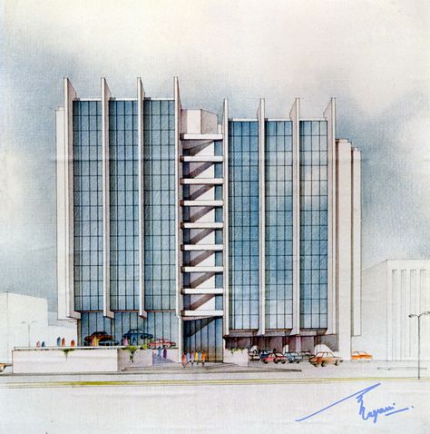 SEL Commercial Plaza, Rawalpindi.  Dry pencil color rendering.  Faber castell dry color pencils.  By: Zehra Naqavi (Architect/artist).  Year: 1991 Pencil Rendering Architecture, Color Pencil Architecture, Pencil Rendering, Drawing Buildings, Rendering Architecture, Colour Pencil Drawing, Interior Design Sketchbook, Architecture Blueprints, Architecture Drawing Sketchbooks