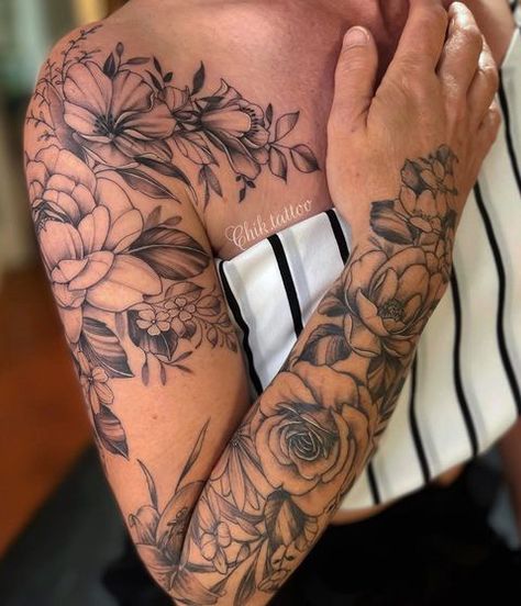 Woman Arm Sleeve Tattoo, Sunflower Sleeve Tattoo, Flower Sleeve Tattoos For Women, Floral Arm Sleeve, Feminine Moon Tattoo, Shoulder Sleeve Tattoos, Arm Sleeve Tattoos For Women, Feminine Tattoo Sleeves, Armband Tattoo Design