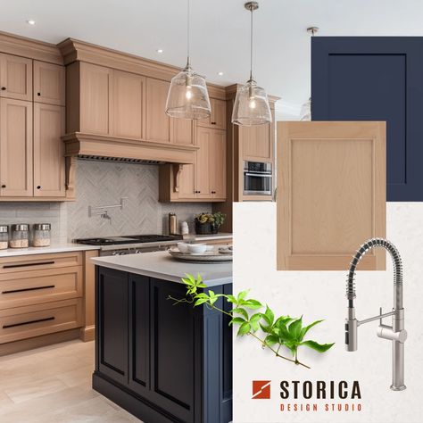 Two-tone kitchen design: The warm, natural beauty of maple cabinets paired with a deep blue island creates a kitchen space that’s not only functional but a true style statement. This blend of earthy wood tones and a pop of dark blue adds depth and character, making a kitchen the heart of the home. Perfect choice for our client who appreciates a blend of classic and contemporary, a design that ensures the kitchen is inviting and stylish. Natural Wood Cabinets With Black Island, White Oak And Navy Kitchen Cabinets, Dark Two Tone Kitchen Cabinets, Blue And Stained Kitchen Cabinets, Two Tone Wood Cabinets, Dark Blue Kitchen Islands, Brown And Navy Kitchen, Wood Cabinets With Painted Island, Blue And Wood Kitchen Cabinets