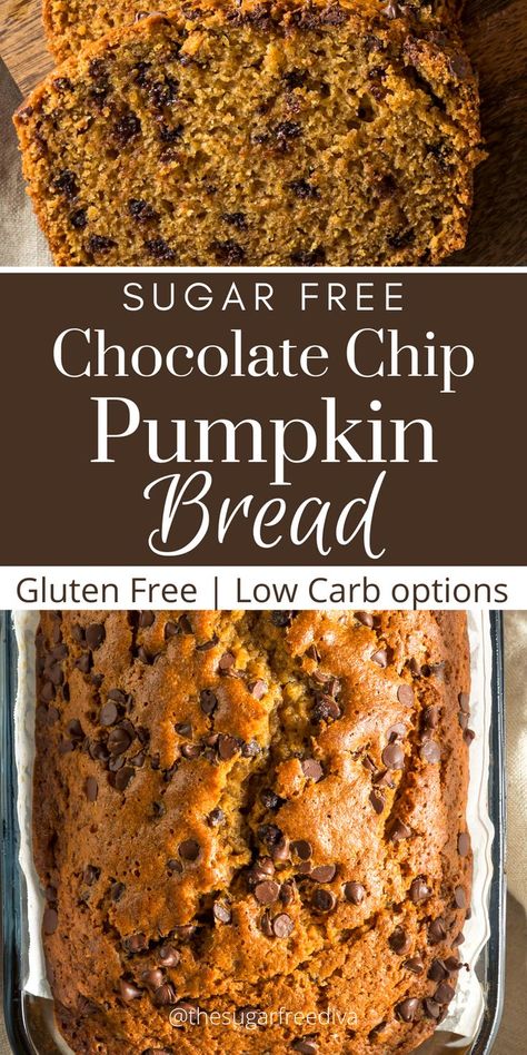 Low Carb Pumpkin Chocolate Chip Muffins, Low Carb Low Sugar Pumpkin Recipes, Low Carb Pumpkin Chocolate Chip Bread, Keto Pumpkin Chocolate Chip Muffins, Low Calorie Pumpkin Bread, Low Sugar Breakfast Ideas, Pumpkin Bread With Chocolate Chips, Sugar Free Bread, Low Carb Pumpkin Recipes