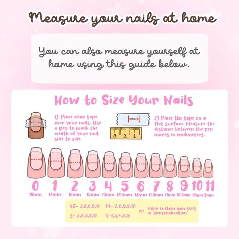 ⭐️ shapes/sizing guide if you’re new here or new to custom press-ons in general, start with this post! this is the most important part of your order. if your nails don’t fit properly, they won’t last! nails that are too big or small will lift/pop off quicker 💔 and we don’t want that! i highly recommend ordering a sizing kit in the shape you like. some shapes have a slightly different fit than others, so your sizes might be different too! you can order one for just $5 on my Etsy shop 🛍️ t... Press On Nail Sizes, How To Start Press On Nail Business, Press On Nail Business, Press On Nails Size, Nail Business, Clear Tape, Nail Forms, Press Ons, Nails At Home