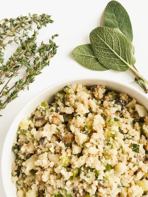 Grain-Free Thanksgiving Stuffing: Riced cauliflower, savory mushrooms, and herbs create the perfect reflux-friendly holiday comfort food. Grain Free Stuffing, Gerd Friendly, Gerd Recipes, Slow Cooker Asian, Gerd Diet, Herb Turkey, Thanksgiving Stuffing, Stomach Problems, Free Thanksgiving