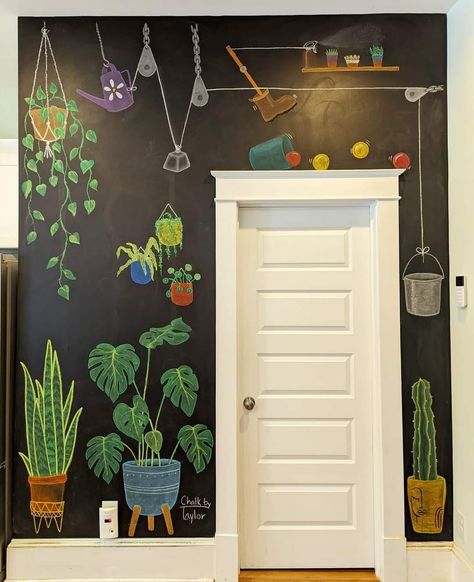 Plants Chalkboard Art, Chalkboard Wall Art Bedroom, Blackboard Wall Ideas, Chalk Wall Bedroom, Green Chalkboard Wall, Chalk Wall Ideas, Chalk Marker Art, Chalk Art Wall, Chalkboard Wall Calendars