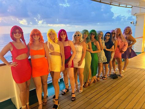 We had all the girls wear colorful dresses and matching sunglasses! Neon Wigs Bachelorette, Bachelorette Wigs Party, Bachelorette Wig Night, Wig Night Bachelorette Outfit, Wig Party Outfit, Bachelorette Party Matching Outfits, Bachelorette Night Out Outfit Themes, Bachelorette 2023, Bachelorette Outfit Themes