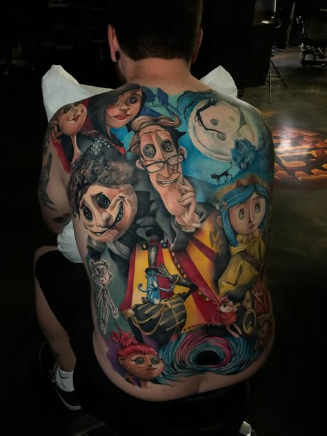 Coraline Tattoo, Tim Burton Tattoo, Coraline Art, Coraline Aesthetic, Movie Tattoos, Coraline Jones, Full Back Tattoos, Theme Tattoo, Spooky Tattoos