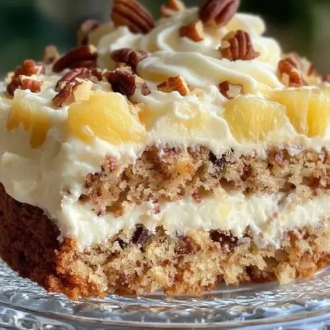 Pineapple Pecan Cake with Cream Cheese Frosting Lemon Angel Pie Recipe, Angel Pie Recipe, Pineapple Pecan Cake, Pineapple Frosting, Peanut Butter Cream Pie, Chocolate Mint Brownies, Pineapple Cake Recipe, Coconut Cake Recipe, Caramel Desserts