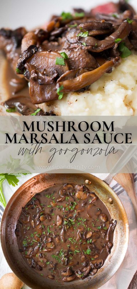 Starchy Side Dishes, Mushroom Marsala Sauce, Mushroom Marsala, Marsala Mushrooms, Gorgonzola Sauce, Marsala Sauce, Mushroom Sauce Recipe, Gorgonzola Cheese, Stuffed Portabella Mushrooms