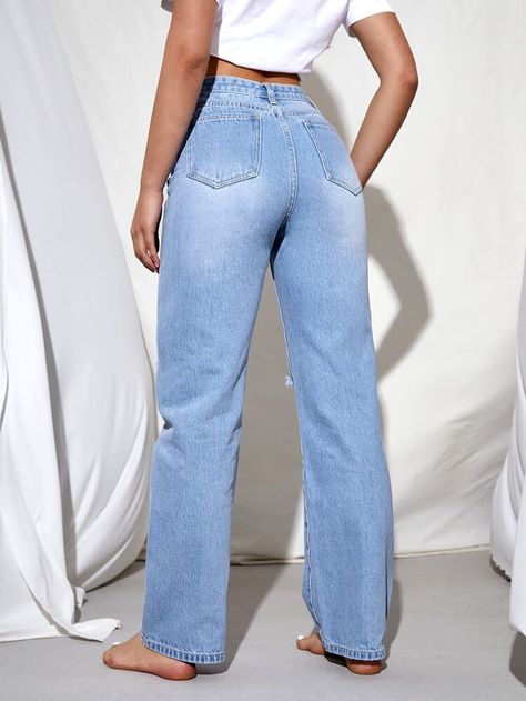 High Waist Light Washed Ripped Jeans | SHEIN USA Mummy Jeans Outfits, Mummy Jeans, Ripped Jeans Women, Jeans Outfits, Jeans Outfit, Jean Outfits, Ripped Jeans, Bell Bottom Jeans, Levi Jeans