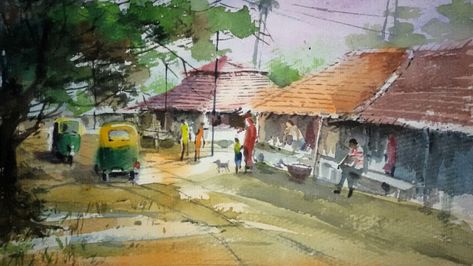 Indian village chawk - Print on canvas - Scenery Prints Painting | World Art Community Milind Mulick Watercolors, Bangla Art, Milind Mulick, Village Scene Drawing, Color Practice, Human Painting, Watercolor Art Face, Drawing Scenery, Watercolor Scenery