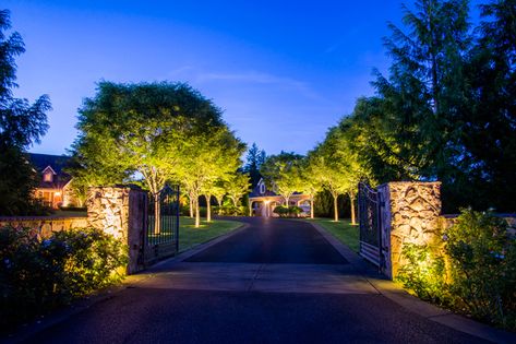 Low Voltage Landscape Lighting, Driveway Entrance Landscaping, Farm Entrance, Landscape Lighting Design, Driveway Lighting, Driveway Entrance, Farm Gate, Driveway Design, Driveway Landscaping