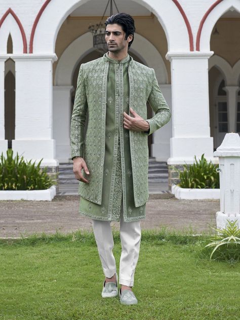 Green Sherwani For Groom, Open Sherwani Men, Indo Western Men, Indian Wedding Outfits Guest, Open Sherwani, Indo Western Outfits For Men, Traditional Indian Mens Clothing, Indian Wedding Suits Men, Sherwani For Groom