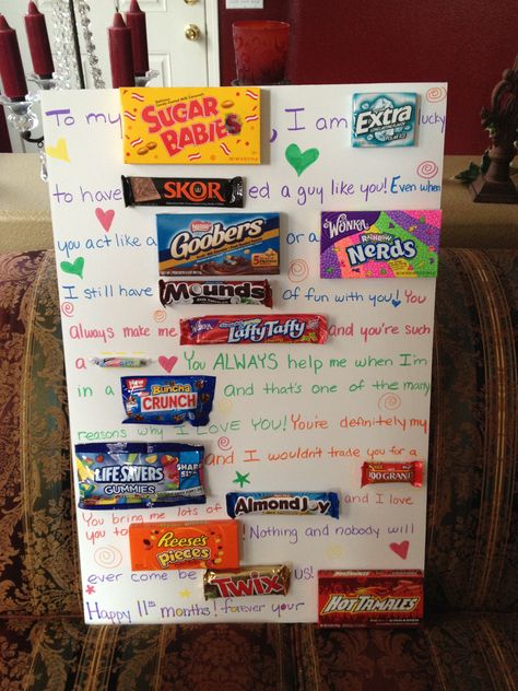 That's so creative but you have to buy all that candy. Bf Ideas, Birthday Message For Boyfriend, Diy Candy Bar, Candy Grams, Candy Poster, Guy Gifts, Birthday Gifts For Boyfriend Diy, Bf Gifts