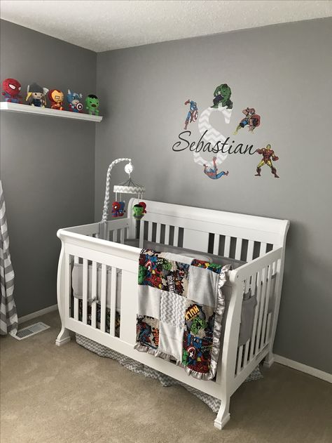 Baby Boy Nursery Avengers Nursery Ideas, Marvel Theme Nursery, Nursery Ideas Superhero, Marvel Themed Nursery, Rugrats Nursery, Marvel Baby Nursery, Marvel Nursery Ideas, Superhero Nursery Baby Boy, Spiderman Nursery