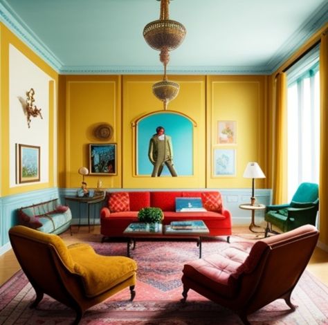 Wes Anderson Aesthetic Room, Wes Anderson Aesthetic Living Room, Wes Anderson Home Interiors, Unisex House Decor, Wes Anderson Living Room Decor, Wes Anderson Interior Design Bedroom, Wes Anderson House Aesthetic, Wes Anderson Furniture, Wes Anderson House Decor