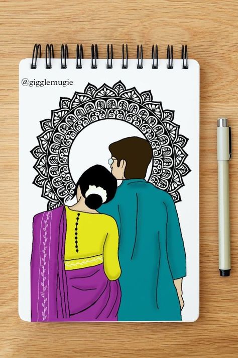 Love Drawing For Girlfriend Gift Ideas, Mandala Art Couple Drawing, Valentines Day Art Drawing, Mandala Art Love Couple, Mandala Art Couple Design, Aesthetic Couple Illustrations, Drawing Lovers Sketches, Couple Mandala Art Easy, Anniversary Drawings For Parents