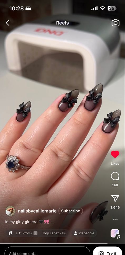 Black Nails Transparent, Encapsulated Black Nails, Jelly Black Nail Designs, Black Bow Tie Nails, Gel Nails With Bows, Black Ombre Nails With Design, Black Gel Extension Nails, Black Pearl Nails Design, Black Translucent Nails