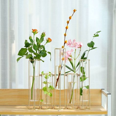 Plant Terrarium with Metal Stand, Air Planter Test Tube Glass Vase Metal Swivel Holder Retro Tabletop for Hydroponics Home Office, Gold Hinged Plant Vases Display Set Table Centerpieces Vases For Centerpieces, Test Tube Vase, Long Vase, Vase Display, Glass Hinges, Test Tubes, Gold Vases, Plant Vase, Flower Holder