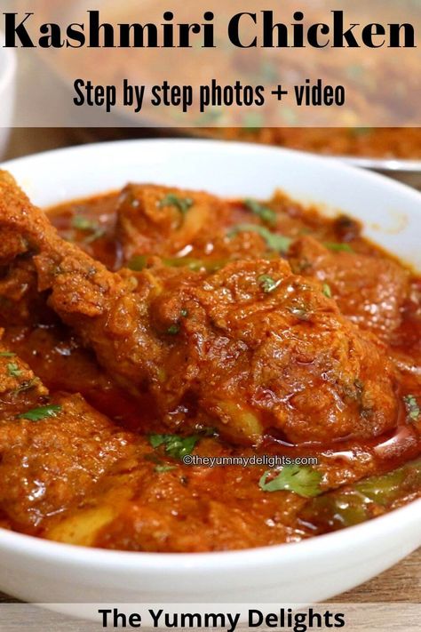 Close-up of kashmiri chicken served in a white bowl. Kashmiri Chicken, Kashmiri Recipes, Indian Chicken Dishes, Chicken Curry Recipe Easy, Indian Chicken Curry, Chicken Curry Recipes, Chicken Recipe Easy, Pan Chicken Recipes, Chicken Skewer Recipe