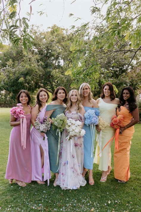 A delicious sorbet dream. ⁠ ⁠ Alice and her bridesmaids popped with colour. I love how colour celebrates each of their personalities and style. Not to mention that they look sweet and sugary. 🍭⁠ ⁠ Lei x⁠ ⁠ Photographer: @Leileiclavey⁠ Venue: @Greyleigh.Kiama⁠ Wedding Planner: @Greyleigh.Kiama⁠ Celebrant: @Wedbysteph⁠ Florist: @Piaandjade⁠ Dress Designer: @Savinlondon⁠ Bride's Shoes: @Loefflerrandall⁠ Pastel Bridesmaids, Pastel Bridesmaid Dresses, Floristry Design, Lei Lei, Dress Code Wedding, Bridesmaid Colors, Mismatched Bridesmaid Dresses, Southern Highlands, Bright Wedding