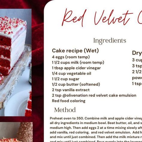 OliveNation on Instagram: "Dive into the irresistible allure of our Red Velvet Cake recipe! Made with love and featuring OliveNation's red velvet cake emulsion, this cake is a divine treat for any occasion. Using our specially designed 10 x 4 layered cake pan from Fancy Flours, each layer is perfection waiting to be devoured. 🔴 Crafting the layers: The combination of wet and dry ingredients creates a symphony of flavors. With 4 eggs, a blend of cocoa, and a touch of OliveNation's red velvet cake emulsion, each bite is a journey into deliciousness. ⚪ Cream Cheese Frosting bliss: Our creamy frosting, whipped to perfection with cream cheese, butter, powdered sugar, and vanilla extract, adds the final touch of decadence to this masterpiece. Share your baking joy with us! Tag us in your Red Redvelvet Cake Recipe, Easy Red Velvet Cake Recipe, Red Velvet Cake Decoration, Red Velvet Cake Recipe Easy, Southern Red Velvet Cake, Best Red Velvet Cake, Cream Cheese Butter, Creaming Method, Red Velvet Recipes