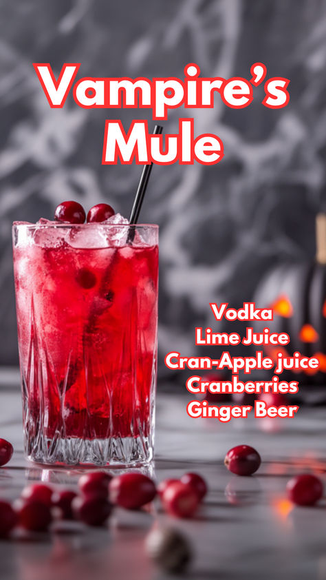 Vampire's Mule Cranberry Juice Alcoholic Drinks, Cran Apple Cocktail, Gothic Cocktails, Cranberry Cocktails, Ginger Beer Drinks, Cranberry Cocktail Recipe, Spooky Cocktails, Cocktail Cards, Bartender Drinks Recipes