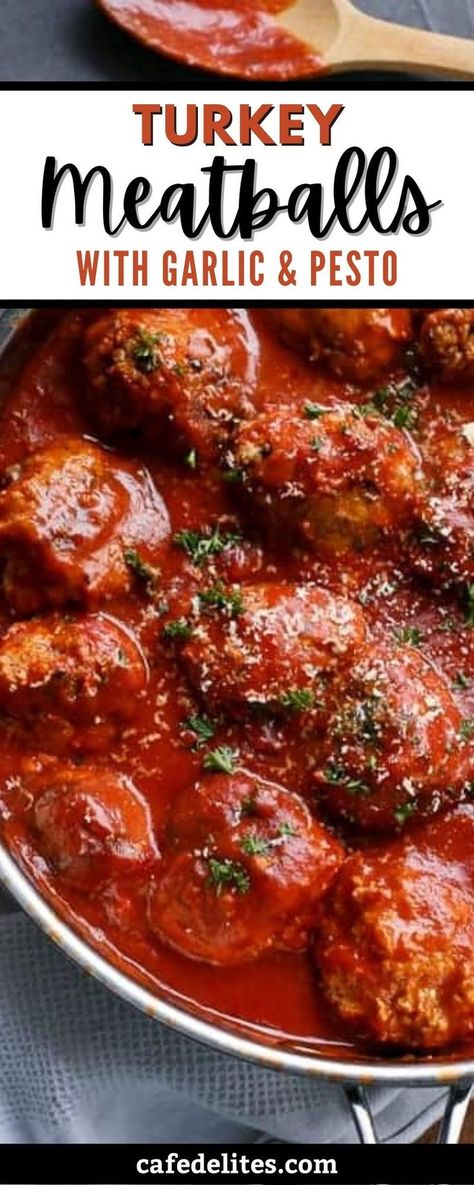 Turkey Meatballs with Garlic and Pesto are seared and simmered in a rich and delicious tomato sauce. These meatballs are juicy and tender with so much flavour. Soft on the inside, with a mixture of spices, every bite is guaranteed a hint of pesto flavour. Serve your turkey meatballs over a bed of spaghetti, it’s the perfect dinner. Turkey Meatball Spaghetti, Spaghetti Meatball Recipes, Turkey Spices, Mince Recipes, Perfect Dinner, Healthy Recipies, Turkey Meatballs, Spaghetti Recipes, Easy Family Meals