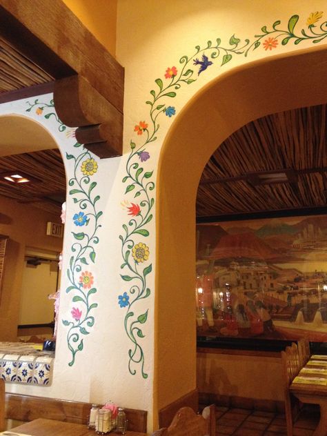 Mexican Colors Wallpaper, One Color Bedroom Ideas, Tiny Wall Murals, Wood Painted Ceiling, Mexican Wall Murals Painted, Folk House Decor, Hand Painted Tables Ideas, Funky Kitchen Ideas Bohemian, Mexican Accent Wall