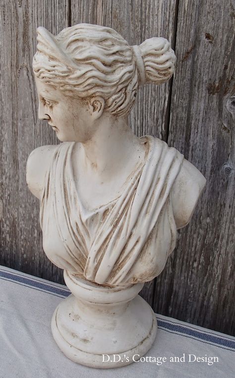 Awhile back I bought a bust of Artemis and knew I wanted to age it.    Before:    For me, the statue is too white and all the same and I ... Bust Decor, French Style Decor, Arched Wall Decor, Arched Wall, Marble Bust, Antique Statue, Head Statue, Chalk Painting, Diy Planters