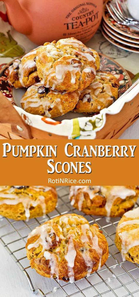 Usher in fall/autumn with these delightfully spiced Pumpkin Cranberry Scones. They are also delicious served with butter, jam, and whipped cream. | RotiNRice.com #scones #sconerecipes #pumpkinrecipes #cranberryrecipes Pumpkin Cranberry Cupcakes, Pumpkin Cranberry Scones, Autumn Afternoon Tea, Cranberry Scones Recipe, Cranberry Scone, Pumpkin Cranberry Muffins, Pumpkin Baking, Pumpkin Scones Recipe, English Scones