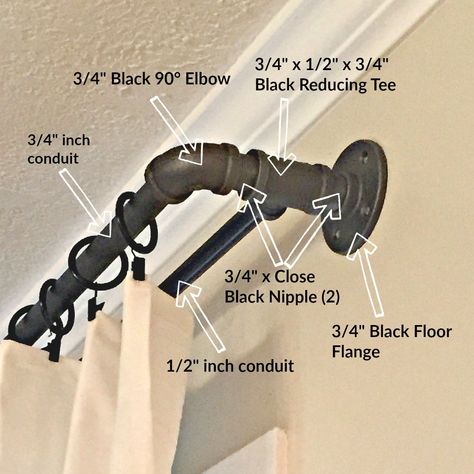 DIY INDUSTRIAL DOUBLE CONDUIT CURTAIN ROD | Sincerely Saturday Cheap Curtain Rods, Industrial Curtain Rod, Industrial Curtains, Diy Curtain Rods, Industrial Diy, Scrub Corpo, Double Rod Curtains, Double Curtains, Diy Renovation