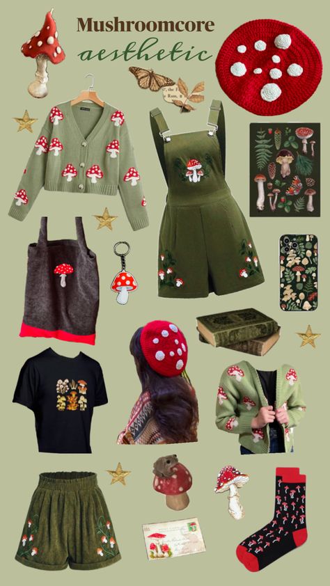 Mushroom outfits Mushroomcore Aesthetic, Goblincore Aesthetic Outfits, Goblincore Outfits, Cottage Forest, Mushroom Core, Goblincore Aesthetic, Cottagecore Clothes, Aesthetic Outfits, Outfit Inspo