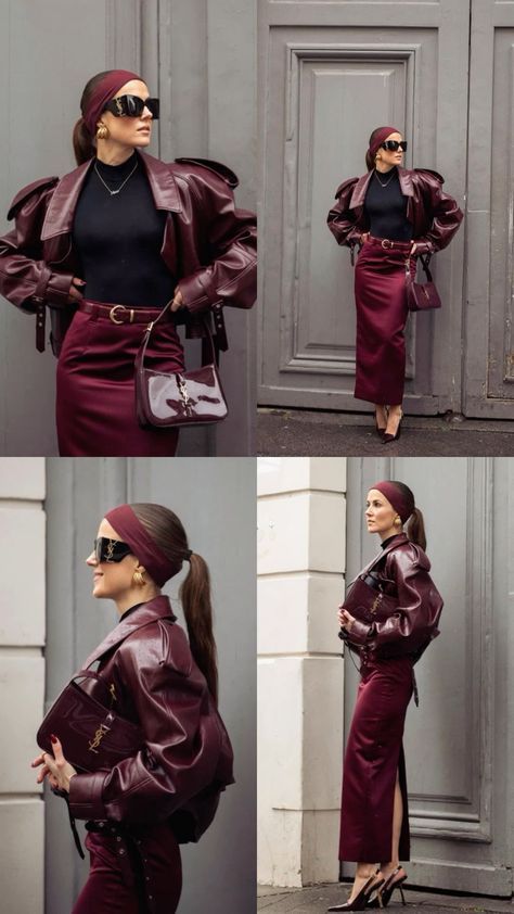 Bold Winter Outfits, Stylish Jeans Outfit, Maroon Leather Jacket, Burgundy Outfit, Fall Fashion Trends Women, Statement Jacket, Maroon Leather, Backless Prom Dresses, Outfit Inspo Fall