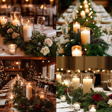 Elegant December Wedding Table Setting Ideas: Cozy Tips & Inspo - Yeah Weddings Christmas Wedding Table Runner, Winter Wedding Centerpieces Rectangle Table, Pine Table Decor Wedding, Christmas Wedding Elegant, December Wedding Centerpieces, Elegant December Wedding, December Wedding Reception, Winter Wonderland Reception, Christmas Wedding Table Decor