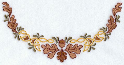 Oak leaves, Acorns and Celtic knotwork decorate this intriguing neckline embroidery. Oak Tree Embroidery, Medieval Attire, Art Deco Embroidery, Celtic Patterns, Celtic Knotwork, Thread Art, Neckline Designs, Machine Embroidery Applique, Oak Leaves