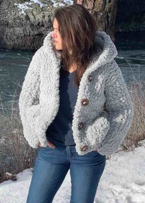 Yeti Hooded Sherpa Jacket Free Crochet Pattern - Off the Beaten Hook Hooded Cardigan Pattern, Free Crochet Jacket Patterns, Crochet Coats, Crochet Jacket Pattern, Crochet Cardigans, Crochet Hoodie, Knitted Items, Knitting And Crochet Patterns, Fluffy Jacket