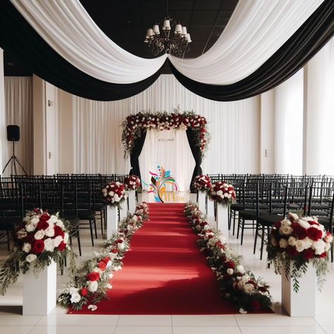 Black, white and red indoor wedding ceremony Wedding Ceremony Ideas Black And White, Black And White Wedding With Red Accent, Cherry Red Wedding Theme, White And Red Wedding Theme, White Black And Red Wedding, Indoor Ceremony Decor, Red And White Wedding Theme, Red White Black Wedding, Black Red And White Wedding