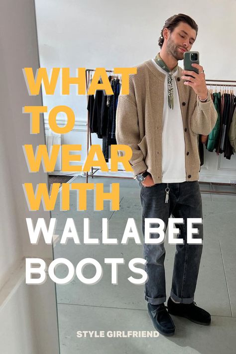 headline: what to wear with wallabee boots, image: man in oatmeal-colored cardigan, white t-shirt, light green bandana, black jeans, and black suede Clarks wallabee boots Wallabee Outfit Men, Clarks Shoes Mens Outfit, Clarks Wallabees Men Outfit Mens Fashion, Wallabee Outfit, Clarks Shoes Outfit, Clarks Wallabees Men Outfit, Wallabees Outfit Men, Clarks Outfit, Clarks Wallabees Outfit