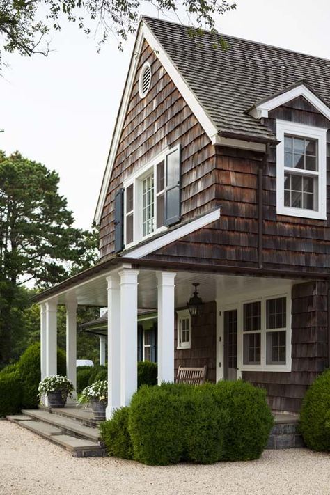 Cedar Shake with white trim and black shutters. Shingle House, Cedar Shake, Farmhouse Exterior Design, Shingle Style Homes, Fresh Farmhouse, Pintura Exterior, Brown House, House With Porch, Farmhouse Exterior