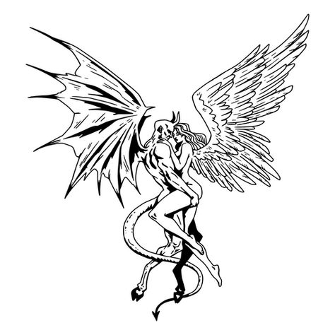 Angel and demon detalied couple PNG Design Angel And Demon Drawing, Demon And Angel Tattoo, Demon Angel Tattoo, Angel And Devil Art, Tattoo Png For Editing, Angel And Demon Art, Angel And Devil Drawing, Angel And Devil Tattoo Design, Angel Girl Tattoo