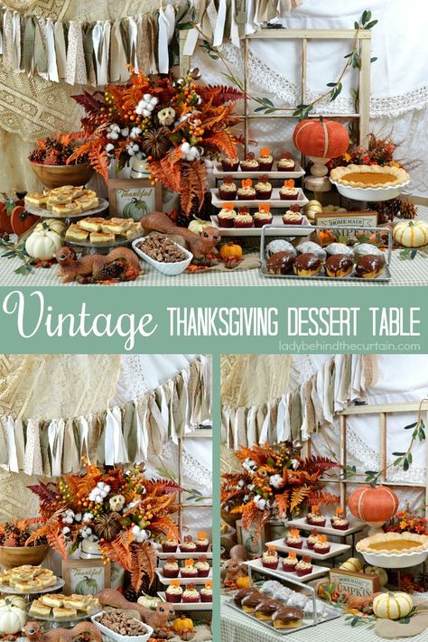 Vintage Thanksgiving Dessert Table |  Create excitement this Thanksgiving by giving the desserts their own table!  Styled with layers of linens found at th Thanksgiving Desserts Decorations, Pumpkin Dessert Table, Fall Desserts Table, Thanksgiving Food Table, Thanksgiving Dessert Table, Thanksgiving Desserts Kids, Food Display Table, Cupcake Table, Thanksgiving Desserts Table