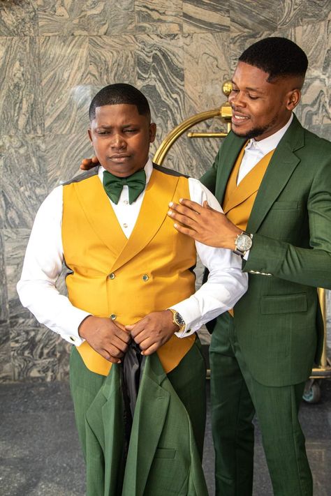 Mustard Yellow Wedding Theme, Mustard Yellow And Emerald Green, Green Tux, Mustard Yellow Wedding, Yellow Wedding Theme, African Dresses For Kids, Yellow Wedding, African Dresses, Aso Ebi