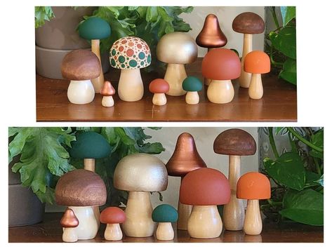 Fall Forest Set Hand Painted Wooden Mushrooms Planter - Etsy Painted Wooden Mushrooms, Mushroom Shelf, Wooden Mushrooms, Mushroom Paint, Mushroom Crafts, Fall Forest, Wood Peg Dolls, Mushroom Decor, Woodland Nursery Decor