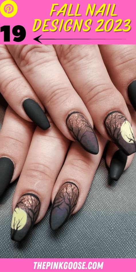 Nature Nail Art Ideas, Fun Nail Ideas For Fall, Plant Theme Nails, Beth Dutton Nails, October Nail Designs 2023, New Fall Nail Designs, Fall Witch Nails, Halloween Nails Nail Art, Cool Fall Nail Designs