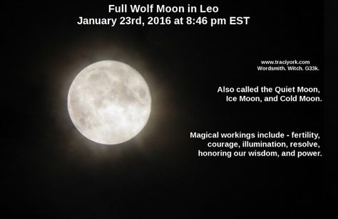 Full Wolf Moon in Leo. January 23rd, 2016 at 8:46 pm EST. Also called the Quiet Moon, Ice Moon, and Cold Moon. Magical workings include - fertility, courage, illumination, resolve, honoring our wisdom, and power. Full Moon Blessings, Full Wolf Moon, Full Moon Spells, Cold Moon, Capricorn Season, Moon Spells, Moon In Leo, Wolf Moon, Timeline Photos