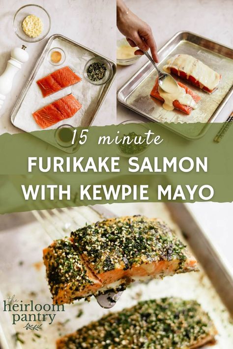 Kewpie Salmon, Japanese Salmon Rice Bowl, Baked Salmon With Mayo, Furikake Salmon, Soy Sauce Garlic, Kewpie Mayo, Salmon Soy Sauce, Salmon Rice Bowl, Salmon Rice