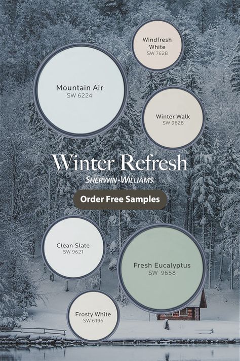 Start your winter refresh. Order free color chips! Sherwin Williams Refresh, Sico Paint, Color Christmas Tree, Moody Decor, Farmhouse Paint Colors, Paint Color Inspiration, Sherwin Williams Colors, House Color Palettes, Cream Paint