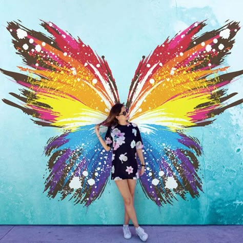 Selfie Wings Wall, Interactive Murals, Wings Mural, Wings Wall Mural, Painted Wings Mural, Butterfly Wings Painting On Wall, Butterfly Wings Mural, Wing Mural Street Art, Angel Wings Wall Art